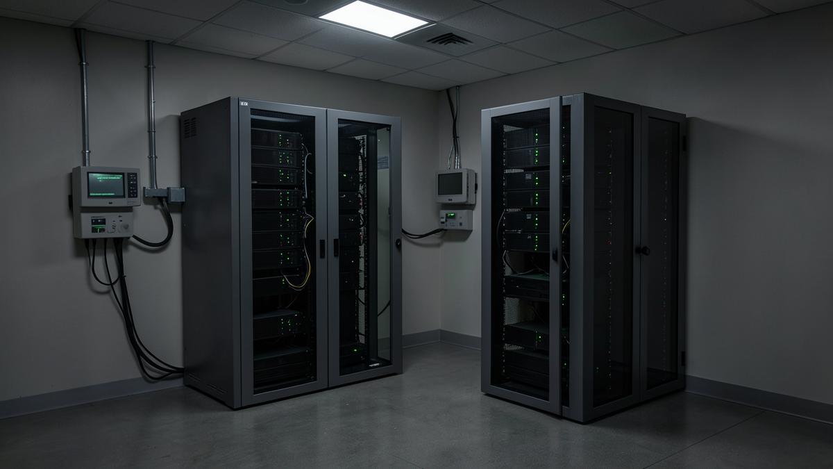 Data center de borda compacto com racks em uma sala técnica